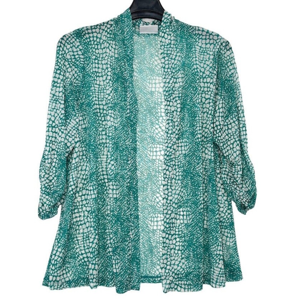 Susan Graver XL Green Sheers Open Front Cardigan Ruched Sleeves And Neck Top
